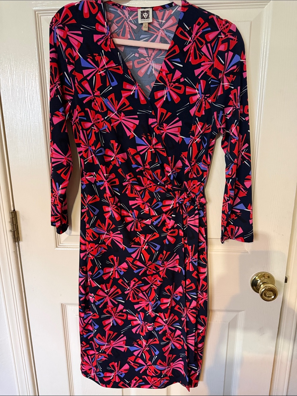 Anne Klein Navy Wrap Dress with Pink & Red Floral Print